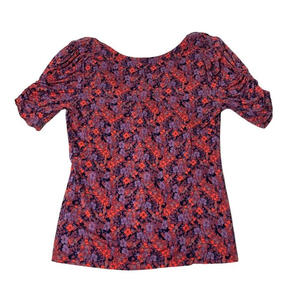 Free People Women’s Medium Red Purple Floral V-Neck Stretch Knit Top Blouse - Picture 2 of 8